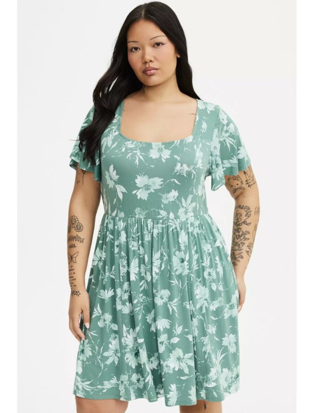 NWT Torrid 1 Floral Green Super Soft Flutter Sleeve Skater Mini Dress 1X 14 16